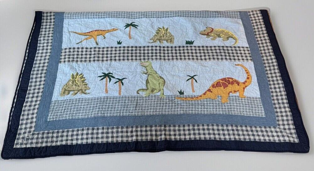 Pottery Barn Kids Twin Dinosaur Quilt Blue Denim Plaid Patchwork Rare
